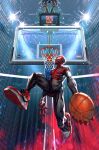  1boy ball basketball basketball_hoop clock comic_cover cover_image covered_abs full_body highres jumping kael_ngu marvel miles_morales muscular muscular_male official_art playing_sports red_footwear shoes skin_tight slam_dunk_(basketball) sneakers solo speed_lines spider-man_(miles_morales) spider-man_(series) spider_web_print superhero 