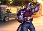  anthro caveman clothing commercial_vehicle delivery_(commerce) delivery_vehicle dinosaur eating enchiladas food_truck hi_res male medium_truck melee_weapon multi-stop_van muscular muscular_male open_mouth polearm reptile scalie spear toughset truck truck_(vehicle) van vehicle weapon 