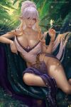  1girl blonde_hair bracelet breasts cleavage eyes_visible_through_hair fairy gradient_hair grey_eyes highres jewelry large_breasts lips long_hair looking_at_viewer multicolored_hair necklace original pelvic_curtain pointy_ears ponytail prywinko sitting solo white_hair 