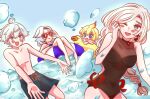  2boys 2girls artist_request blonde_hair blue_eyes blue_hair braid chongyun_(genshin_impact) cocotsuko1204 eula_(genshin_impact) genshin_impact highres innertube male_swimwear mika_(genshin_impact) multiple_boys multiple_girls one_eye_closed open_mouth shenhe_(genshin_impact) short_hair source_request sunglasses swim_trunks swimsuit white_hair 