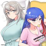  2girls ahoge alternate_costume bangs blue_hair blush breasts chips_(food) cleavage closed_mouth clothes_writing cypress food grey_eyes grey_hair hair_between_eyes kantai_collection large_breasts long_hair mouth_hold multicolored_hair multiple_girls pink_shirt potato_chips red_hair revision robe shirt short_sleeves south_dakota_(kancolle) twitter_username washington_(kancolle) 