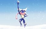  a-kiraa_(whisper) arm_up bright_pupils commentary_request day greninja highres leg_up outdoors pink_eyes pokemon pokemon_(creature) sky snow snowing solo standing standing_on_one_leg tongue white_pupils 