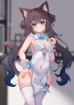  1girl absurdres animal_ears black_hair blue_eyes blurry blurry_background breasts cat_ears cat_girl cat_tail china_dress chinese_clothes cleavage closed_mouth covered_navel dress hair_ornament hairclip hand_on_hip highres hinata_(user_rjkt4745) long_hair looking_at_viewer medium_breasts original smile solo tail thighhighs twintails white_dress white_thighhighs wrist_cuffs 