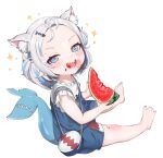  1girl :d aged_down animal_ear_fluff animal_ears bag bare_legs barefoot blue_eyes blue_hair blue_nails blue_skirt blush cat_ears child commentary eating fish_bone fish_tail food food_on_face from_side fruit full_body gawr_gura gning503 grey_hair hair_ornament handbag highres holding holding_food hololive hololive_english looking_at_viewer multicolored_hair nail_polish open_mouth shark_girl shark_hair_ornament shark_tail sharp_teeth shirt short_sleeves sitting skirt skirt_set smile solo sparkle streaked_hair suspenders tail teeth toenail_polish toenails two_side_up virtual_youtuber watermelon white_shirt 