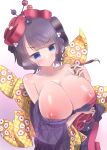  1girl bangs bare_shoulders blue_eyes blush breasts breasts_out calligraphy_brush cleavage fate/grand_order fate_(series) hair_bun hair_ornament hairpin highres inverted_nipples japanese_clothes katsushika_hokusai_(fate) kimono large_breasts long_sleeves mentaiko_mamire nipples off_shoulder paintbrush purple_hair purple_kimono red_kimono sash short_hair solo wide_sleeves 