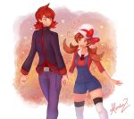  1boy 1girl bow brown_hair constarlations couple highres hood hoodie lyra_(pokemon) overalls pants pokemon pokemon_(game) pokemon_hgss purple_pants red_bow red_hair silver_(pokemon) thighhighs white_background white_headwear 