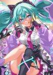  1girl animal_ears aqua_eyes aqua_hair bangs bare_shoulders breasts can cat_ears center_frills closed_mouth crossed_bangs dress fake_animal_ears flower-shaped_pupils frilled_dress frills garter_straps hair_between_eyes hatsune_miku highres inue_ao licking_lips looking_at_viewer medium_breasts necktie ribbon single_thighhigh sleeveless sleeveless_dress smile soda_can solo star_(symbol) symbol-shaped_pupils thighhighs tongue tongue_out twintails vocaloid 