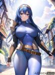  1girl ai-assisted arm_guards artist_name aztodio bangs belt blue_eyes blue_hair blue_leotard blue_pantyhose breasts brown_belt chihunhentai cloud cowboy_shot english_commentary fire_emblem fire_emblem_awakening hair_between_eyes leotard long_hair looking_at_viewer lucina_(fire_emblem) medium_breasts outdoors pantyhose parted_lips sky solo tiara 