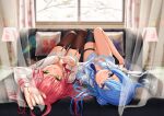  2girls :o :q absurdres ahoge asakura_(asa_t77) ascot bed black_thighhighs blue_ascot blue_eyes blue_hair bow breasts brown_thighhighs commentary_request curtains day garter_straps green_eyes hair_bun hair_ornament highres hololive hoshimachi_suisei lamp long_hair looking_at_viewer lying medium_breasts multiple_girls no_pants on_back on_bed open_mouth pillow pink_hair red_bow sakura_miko shirt single_thighhigh small_breasts smile sunlight thigh_strap thighhighs tongue tongue_out virtual_youtuber wavy_hair white_shirt window 