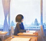  1girl 1other black_hair black_jacket chair classroom cloud cloudy_sky commentary_request desk eraser fjsmu highres holding holding_pen indoors jacket original pen pencil school_desk school_uniform short_hair sitting sky snowing solo_focus tree window 