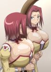  1girl alternate_breast_size blue_eyes breasts bursting_breasts cleavage code_geass cuffs detached_collar dress highres huge_breasts iwao178 kallen_stadtfeld looking_at_mirror mirror red_hair simple_background standing sweat yellow_dress 