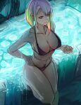  1girl bathtub bikini black_bikini blonde_hair body_modification breasts cigarette closed_mouth cyberpunk_(series) cyberpunk_edgerunners gelldraws green_hair hand_on_hip highres holding holding_cigarette ice ice_cube large_breasts leg_up lips lucy_(cyberpunk) multicolored_hair navel overflow overflowing overflowing_bath purple_eyes purple_hair red_hair short_hair signature solo swimsuit thick_thighs thighs white_hair 