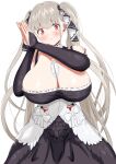  1girl azur_lane bare_shoulders between_breasts blush breasts cleavage clothing_cutout detached_collar dress formidable_(azur_lane) frilled_dress frilled_ribbon frills grey_hair highres huge_breasts long_hair long_sleeves necktie necktie_between_breasts own_hands_together red_eyes ribbon shoulder_cutout smile solo twintails two-tone_dress very_long_hair yamagamo 