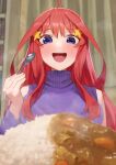  1girl ahoge bangs blue_eyes blush commentary curry eyelashes food food_focus go-toubun_no_hanayome gomashiwo_o hair_between_eyes hair_ornament highres holding holding_spoon indoors long_hair looking_at_food looking_down nakano_itsuki purple_sweater red_hair round_teeth sidelocks solo spoon star_(symbol) star_hair_ornament steam sweater teeth upper_teeth_only very_long_hair 