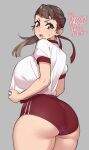  1girl agawa_ryou artist_name ass ass_focus bangs blunt_ends breasts brown_eyes brown_hair buruma clothes_pull commentary cowboy_shot curvy dated english_commentary from_behind grey_background headband huge_ass huge_breasts long_hair looking_at_viewer looking_back numbered open_mouth original ponytail red_buruma red_headband school_uniform shirt shirt_pull shirt_tucked_in short_eyebrows short_sleeves simple_background solo standing straight_hair sweatdrop swept_bangs thick_thighs thighs v-shaped_eyebrows white_shirt wide_hips 