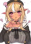  1girl ? absurdres animal_on_shoulder bird bird_on_shoulder black_bow black_bowtie black_choker black_headwear black_jacket blonde_hair blush bow bowtie braid choker commentary_request cropped_torso dark-skinned_female dark_skin dress elf elfriend_(shiranui_flare) facing_viewer french_braid grey_dress half_updo hat highres hololive jacket jewelry lix_e333 long_hair looking_up multicolored_hair official_alternate_costume official_alternate_hairstyle open_clothes open_jacket pendant pendant_choker pointy_ears red_eyes sailor_collar sailor_hat shiranui_flare sidelocks solo straight-on streaked_hair striped striped_dress upper_body upturned_eyes vertical-striped_dress vertical_stripes virtual_youtuber white_sailor_collar 