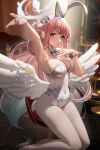  1girl angel_wings animal_ears arm_up armpits bangs bare_shoulders blue_archive blush breasts cleavage covered_navel duplicate fake_animal_ears feathered_wings hair_bun halo high_heels highleg highleg_leotard highres large_breasts legs leotard long_hair looking_at_viewer low_wings mika_(blue_archive) nanaken_nana pantyhose pink_hair pixel-perfect_duplicate playboy_bunny rabbit_ears scrunchie single_side_bun sitting solo thighs white_leotard white_pantyhose white_wings wings wrist_scrunchie yellow_eyes 