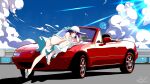  1girl absurdres arm_support ass bird blue_sky breasts car cloud cloudy_sky collarbone convertible dress english_commentary eunos_roadster eyelashes full_body ground_vehicle hat head_rest highres jub_jub koimonogatari legs looking_at_viewer lying medium_breasts medium_hair monogatari_(series) motor_vehicle official_alternate_costume on_side on_vehicle outdoors purple_hair red_car ribbon sandals seagull senjougahara_hitagi shadow signature sky sleeveless solo sun_hat thighs toes twitter_username white_dress white_ribbon 