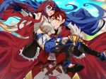  1boy 1girl alear_(female)_(fire_emblem) alear_(fire_emblem) bangs blue_eyes blue_hair blush cape carrying carrying_person couple crossed_bangs dark_red_hair diamant_(fire_emblem) fire_emblem fire_emblem_engage formal hair_slicked_back hetero heterochromia highres holding hug long_hair multicolored_hair open_mouth princess_carry red_eyes red_hair short_hair skirt smile spiked_hair split-color_hair streaked_hair suit sv02chiyo tiara two-tone_hair very_long_hair 