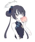  1girl bare_shoulders black_dress black_hair blue_archive blush butterfly_hair_ornament china_dress chinese_clothes cropped_torso double_bun dress eating flat_chest food fruit grey_eyes hair_bun hair_ornament halo highres holding holding_food holding_fruit kisaki_(blue_archive) long_hair open_mouth peach simple_background sketch solo twintails upper_body white_background yutokamizu 