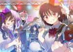  4girls animal_ears black_hair black_skirt blue_eyes brown_hair cellphone detached_sleeves diffraction_spikes dress_shirt drum drumsticks electric_guitar glint guitar hat himekaidou_hatate holding holding_drumsticks iizunamaru_megumu instrument inubashiri_momiji multiple_girls neck_ribbon necktie phone plectrum pointy_ears pom_pom_(clothes) puffy_sleeves purple_headwear purple_ribbon red_eyes red_headwear ribbon shameimaru_aya shirt short_hair short_sleeves skirt tamagogayu1998 tokin_hat touhou twintails white_shirt wolf_ears 