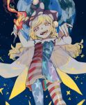  1girl absurdres american_flag_dress american_flag_pants arms_up bangs bare_shoulders blonde_hair blue_sky clownpiece commentary_request dress earth_(planet) fairy_wings fang fangs fingernails fire hair_between_eyes hat highres holding holding_torch jester_cap long_fingernails long_hair looking_at_viewer looking_down nail_polish neck_ruff night night_sky one-hour_drawing_challenge orange_nails pants planet polka_dot purple_headwear red_eyes shi_chimi sky sleeveless sleeveless_dress smile solo space standing star_(sky) star_(symbol) star_print starry_sky striped striped_dress striped_pants teeth tongue torch touhou transparent_wings wings 