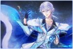  1boy black_gloves blue_coat blue_eyes capelet coat fur-trimmed_capelet fur_trim gloves long_sleeves looking_at_viewer magic male_focus medium_hair open_mouth plums43 smile solo ster_(yume-100) white_hair yume_oukoku_to_nemureru_100-nin_no_ouji-sama 