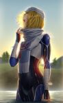  1girl backlighting blonde_hair blurry bodysuit commentary_request depth_of_field flat_chest hair_over_one_eye hat highres jimaku lake partially_submerged red_eyes sheik short_hair solo the_legend_of_zelda the_legend_of_zelda:_ocarina_of_time tree upper_body 