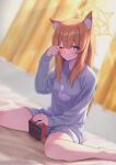  1girl animal_ear_fluff bangs bare_legs barefoot bed bed_sheet blue_archive blue_eyes blush closed_mouth grey_shirt grey_shorts hair_down halo highres indoors kaiso_(kaisooekaki) long_hair looking_at_viewer mari_(blue_archive) messy_hair on_bed one_eye_closed orange_hair pajamas rubbing_eyes shirt shorts sitting sleepwear sleepy sleeves_past_wrists solo wariza 