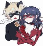  1boy 1girl animal_ears bell black_bodysuit black_mask blonde_hair blue_eyes blue_hair blush bodysuit cat_ears chat_noir chinese_commentary closed_mouth commentary_request domino_mask english_text fake_animal_ears flower grey_eyes highres ladybug_(character) mask mengtunshaojing miraculous_ladybug neck_bell open_mouth polka_dot red_bodysuit red_flower red_mask red_rose rose short_hair simple_background smile speech_bubble white_background 