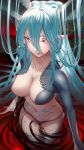  1girl blue_hair breasts cleavage fate/grand_order fate_(series) highres horns large_breasts long_hair pointy_ears solo somebody_(leiking00) stomach_tattoo tattoo tiamat_(fate) very_long_hair 
