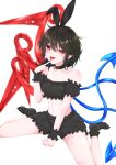  1girl :d absurdres animal_ears asymmetrical_wings bangs bare_shoulders black_choker black_hair blue_wings choker collarbone fake_animal_ears finger_to_mouth frills hair_between_eyes highres houjuu_nue looking_at_viewer midriff miyuna navel open_mouth pointy_ears rabbit_ears red_eyes red_nails red_wings short_sleeves simple_background sitting smile solo thighs touhou uneven_eyes wariza white_background wings wrist_cuffs 