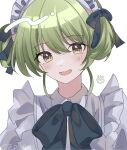  1girl alternate_costume blush dress enmaided green_eyes green_hair hair_ribbon heart highres idolmaster idolmaster_shiny_colors looking_at_viewer maid maid_headdress nanakusa_nichika neck_ribbon official_alternate_costume ribbon short_twintails shu10 simple_background smile solo twintails twitter_username upper_body white_background white_dress 