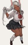  1girl animal_ears artist_name bangs black_hairband black_skirt boku_no_hero_academia bow bowtie breasts brown_footwear collared_shirt dark-skinned_female dark_skin english_commentary full_body gloves hairband head_tilt holding holding_hair kadeart knees_together_feet_apart large_breasts long_eyelashes long_hair looking_at_viewer loose_socks mirko parted_bangs plaid plaid_bow plaid_bowtie pleated_skirt ponytail rabbit_ears rabbit_girl red_bow red_bowtie red_eyes school_uniform shirt shirt_tucked_in sitting skirt smile socks solo thighs very_long_hair white_gloves white_hair white_shirt 