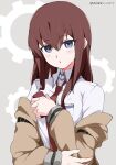  1girl absurdres blue_eyes blush breast_pocket brown_hair brown_jacket collared_shirt commentary dress_shirt gears hair_between_eyes hand_on_own_elbow hand_up highres holding holding_phone jacket long_hair long_sleeves looking_at_viewer loose_necktie makise_kurisu necktie off_shoulder parted_lips phone pocket red_necktie shirt sleeve_garter solo steins;gate straight_hair twitter_username upper_body white_gorilla_(okamoto) white_shirt 