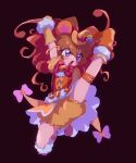  1girl animal_ears bear_ears bloomers blue_eyes bow cure_mofurun flying_kick gloves hat high_kick highres kicking koteko_(chop_of_toilet) long_hair magical_girl mahou_girls_precure! mini_hat mini_witch_hat mofurun_(mahou_girls_precure!) open_mouth personification pink_bow precure simple_background solo star_(symbol) star_in_eye symbol_in_eye underwear witch_hat yellow_bloomers yellow_headwear 