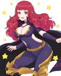  1girl :d absurdres black_cape bodysuit breasts cape cleavage commentary_request covered_navel facial_mark fire_emblem fire_emblem_engage highres large_breasts long_hair looking_at_viewer open_mouth purple_bodysuit red_eyes red_hair short_sleeves simple_background smile solo star_(symbol) thighs truejekart very_long_hair yunaka_(fire_emblem) 