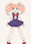  1girl bishoujo_senshi_sailor_moon bow bowtie chibi_usa cone_hair_bun dot_mouth hair_bun long_sleeves pink_hair pleated_skirt red_bow red_bowtie red_footwear shirt shoes simple_background skirt sock_bow socks solo suspender_skirt suspenders tamago_(bolo) twintails white_background white_shirt white_socks 