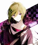  1boy black_background black_nails black_shirt character_name dear_vocalist green_hair highres looking_at_viewer male_focus momochi_(dear_vocalist) multicolored_background nail_polish purple_background purple_eyes shirt short_hair short_sleeves skunlv solo white_background 