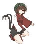  1girl :&lt; adapted_costume animal_ears black_gloves breasts brown_hair cat_ears cat_tail chen fang fang_out gloves hat highres jewelry looking_at_viewer medium_breasts multiple_tails nekomata one_knee short_hair shorts simple_background single_glove slit_pupils solo tail touhou two_tails watanukimurama white_background 