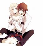  1boy 1girl blonde_hair blue_skirt bra collared_shirt diabolik_lovers green_eyes hetero komori_yui long_sleeves pink_eyes red_hair sakamaki_ayato shirt short_hair skirt skunlv underwear white_background white_bra white_shirt 