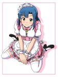  1girl alternate_costume apron bangs black_footwear blue_hair blush bow bowtie breasts commentary_request enmaided frilled_apron frilled_skirt frills from_above idolmaster idolmaster_million_live! idolmaster_million_live!_theater_days lielos looking_at_viewer maid maid_headdress medium_breasts nanao_yuriko official_alternate_costume on_floor own_hands_together pink_bow pink_bowtie pink_skirt puffy_short_sleeves puffy_sleeves shirt shoes short_hair short_sleeves sidelocks sitting skirt smile solo thighhighs waist_apron wariza white_background white_shirt white_thighhighs wrist_cuffs yellow_eyes 