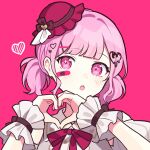  1girl bandaid bandaid_on_face bangs blush bow bowtie dress hair_ornament hat heart heart_hair_ornament heart_hands himitsu_no_valentine_daisakusen!_(project_sekai) looking_at_viewer low_twintails mini_hat ootori_emu pink_background pink_bow pink_bowtie pink_eyes pink_hair pink_headwear portrait project_sekai solo sparkling_eyes twintails upper_body waka_(wk4444) white_dress wrist_cuffs x_hair_ornament 