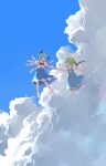  2girls absurdres barefoot blue_dress blue_hair blue_skirt blue_vest cirno closed_eyes cloud cloudy_sky collared_shirt commentary_request daiyousei day detached_wings dress fairy fairy_wings green_eyes green_hair highres ice ice_wings long_hair multiple_girls open_mouth puffy_short_sleeves puffy_sleeves rangque_(user_vjjs4748) revision shirt short_hair short_sleeves side_ponytail skirt sky smile touhou vest white_shirt wings 