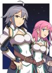  2girls absurdres ahoge armor belt blue_eyes braid breasts brown_eyes cleavage commentary_request detached_sleeves ennui_orz french_braid frown grey_hair highres holding holding_shield medium_breasts medium_hair multiple_girls open_mouth original pink_hair pouch shield shoulder_armor smile vambraces 