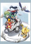  2girls akari_(pokemon) bangs black_hair blush_stickers brown_mittens closed_mouth commentary_request elekid floating_scarf fur_hat green_hair green_headwear hat head_scarf highres jacket long_hair magby multiple_girls numenume_(powa-ogutyogutyo) pokemon pokemon_(creature) pokemon_(game) pokemon_legends:_arceus ponytail red_scarf rhyhorn riding riding_pokemon rowlet rufflet sabi_(pokemon) scarf snow white_headwear 