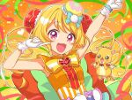  1girl :d apron bangs blonde_hair bow brooch bun_cover cure_yum-yum delicious_party_precure drill_hair gloves hanamichi_ran heart_brooch huge_bow jewelry long_hair magical_girl mem-mem_(precure) orange_bow pink_eyes precure senotarou smile solo swept_bangs twin_drills white_gloves white_stripes 