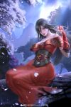  1girl absurdres animal_on_hand bare_shoulders black_hair chi_lian_(qin_shi_ming_yue) dress glowing highres light_rays long_hair mountain off-shoulder_dress off_shoulder outdoors parted_lips qianshui_bu_kaiche qin_shi_ming_yue red_dress second-party_source sitting snake solo teeth tree 