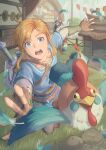  bangs beak bird blonde_hair blue_eyes blue_tunic chicken falling_feathers fence fingerless_gloves gloves grass grey_shirt highres ilstraight_mima link male_focus master_sword medium_hair open_mouth outdoors outstretched_hand pointy_ears shield shirt sidelocks sweatdrop teeth the_legend_of_zelda the_legend_of_zelda:_breath_of_the_wild upper_teeth_only weapon weapon_on_back wide-eyed yellow_eyes 