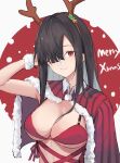  1girl absurdres antlers arm_up armpits bikini black_hair breasts capelet cleavage closed_mouth ema_(kuguiema) fake_antlers fur-trimmed_capelet fur_trim hair_over_one_eye hairband highres long_hair looking_at_viewer medium_breasts merry_christmas mole mole_under_eye original red_bikini red_capelet red_eyes reindeer_antlers smile solo string_bikini swimsuit upper_body wing_collar 